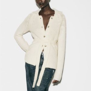Zara Off-White Belted Cardigan